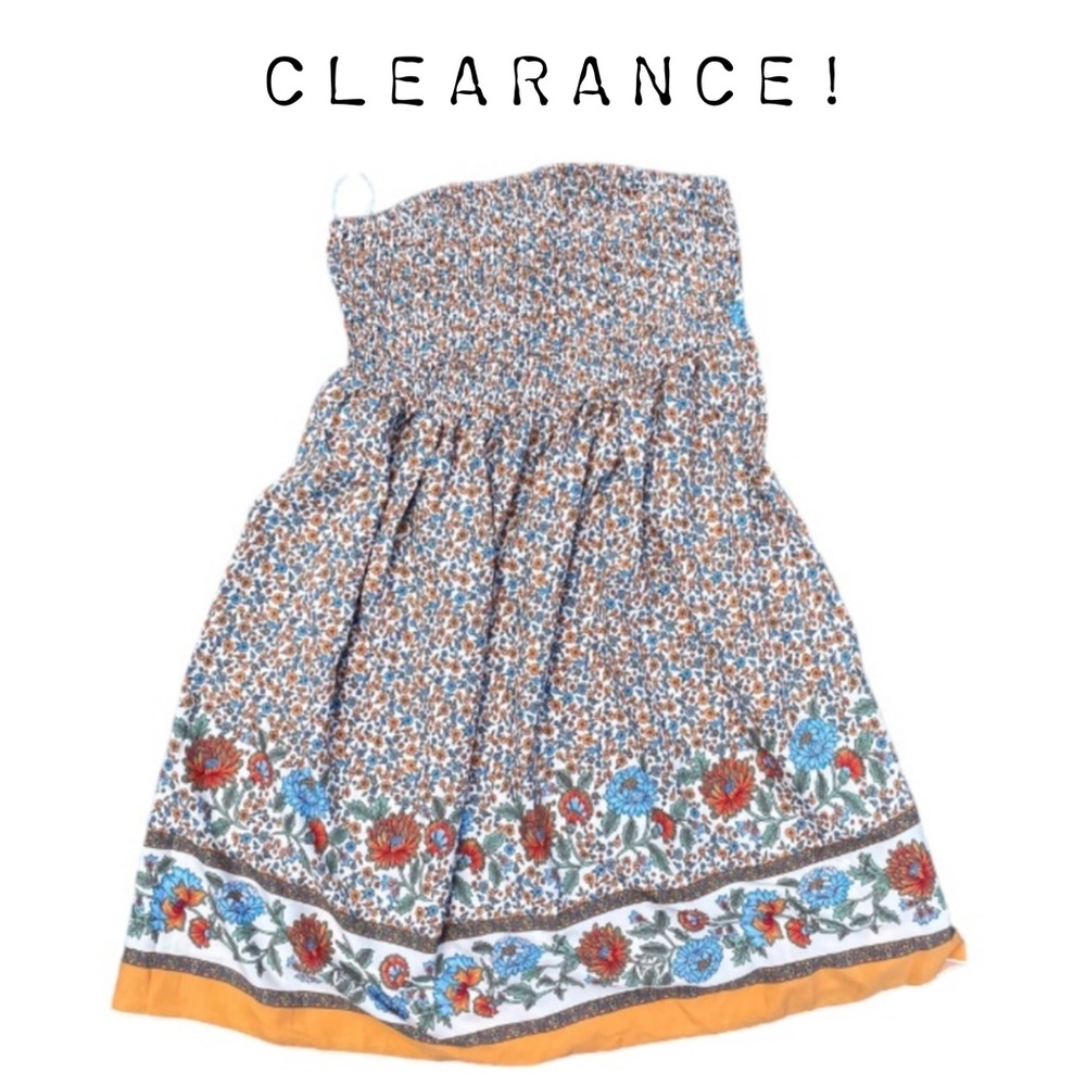 SHEIN Blue Floral Strapless Boho Midi Dress with Orange Trim